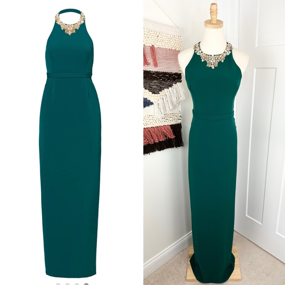 Marchesa Notte Beaded Halter Neck Open Back Maxi Dress Gown Green Size 10